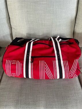 PINK Victoria's Secret Red Duffel with White-Striped Logo